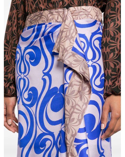 Dries Van Noten Blue Printed Silk Midi Skirt