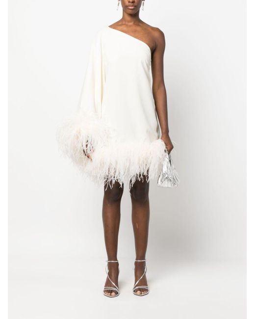 ‎Taller Marmo White Piccolo Ubud One-shoulder Feather-trimmed Crepe Mini Dress