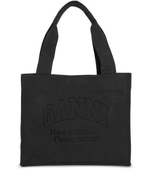 Ganni Black Logo-Embroidered Tote Bag