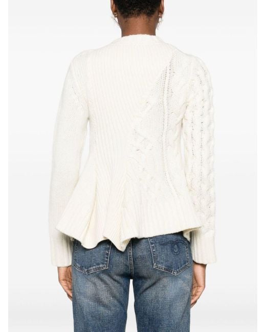 Sacai Natural Cable Knit Sweater With Ruffled Hem And Asymmetrical Details
