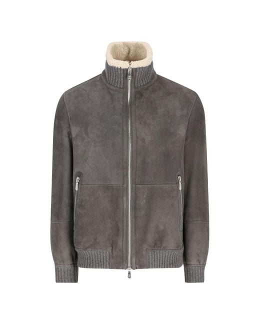 Brunello Cucinelli Gray Shearling Leather Jacket for men