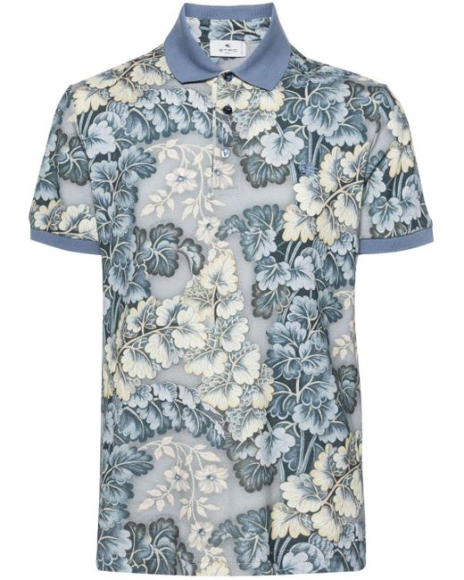 Etro Blue Pegaso-embroidered Botanical-print Polo Shirt for men