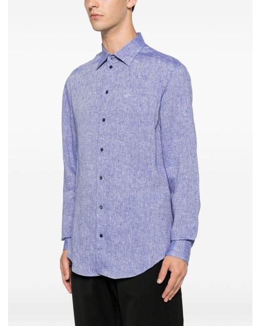Emporio Armani Purple Logo-Embroidered Buttoned Shirt for men