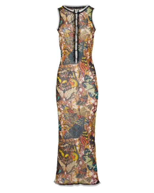 Jean Paul Gaultier Metallic Butterfly Print Mesh Long Dress