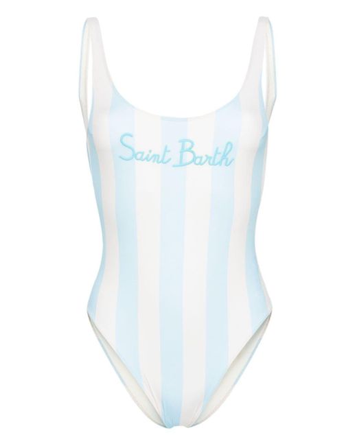 Mc2 Saint Barth Blue Logo Striped One-Piece Swimsuit