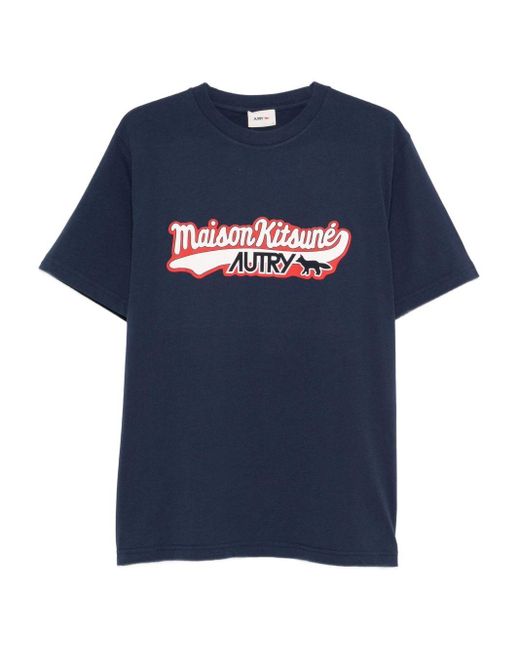 Autry X Maison Kitsune Blue Logo Cotton T-Shirt for men
