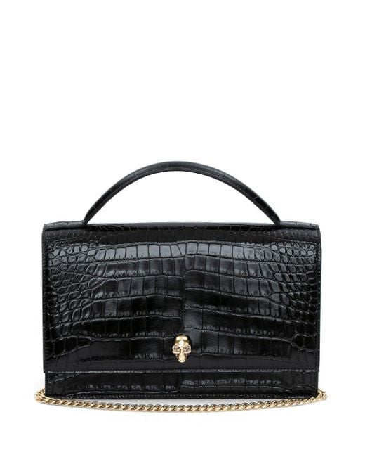 Alexander McQueen Black Skull Crocodile-effect Leather Top Handle Bag