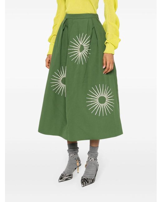 Dries Van Noten Green Embroidered Cotton Midi Skirt