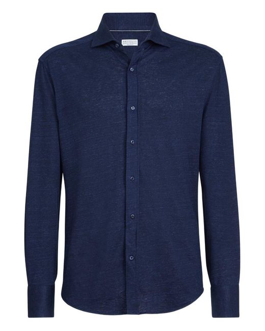 Brunello Cucinelli Blue Linen And Cotton Blend Shirt for men