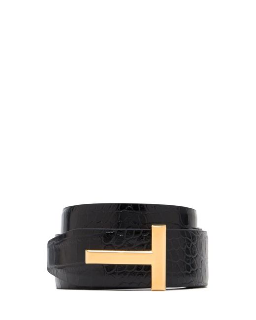 Tom Ford Black T-Bar Animal-Effect Leather Belt for men