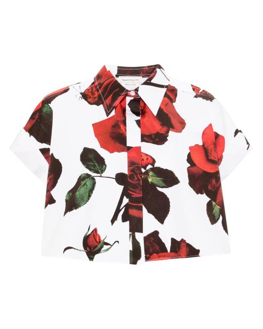 Alexander McQueen Red Rose-print Cotton Cropped Shirt