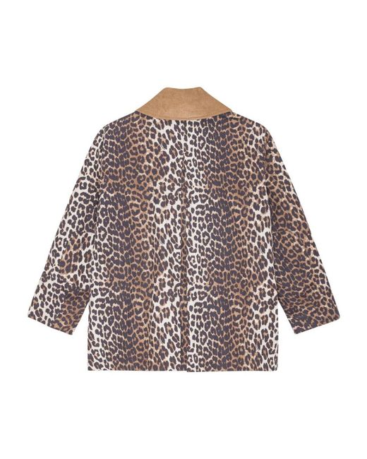 Ganni Brown Canvas Midi Leopard Print Jacket