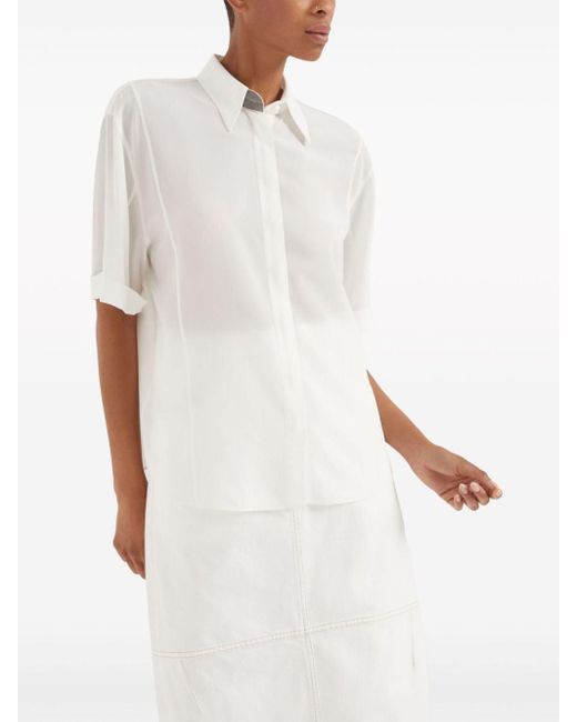 Brunello Cucinelli White Short-Sleeve Silk Shirt