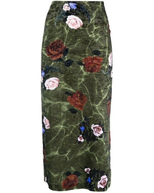 Dries Van Noten Green Rose Print Velvet Long Skirt