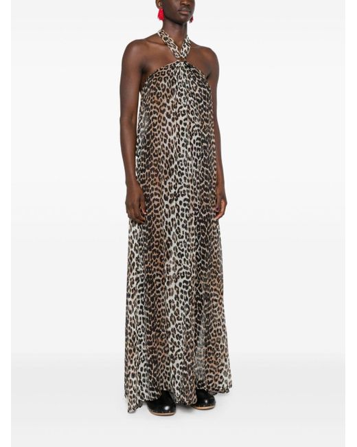 Ganni Leopard Print Halterneck Dress | Lyst