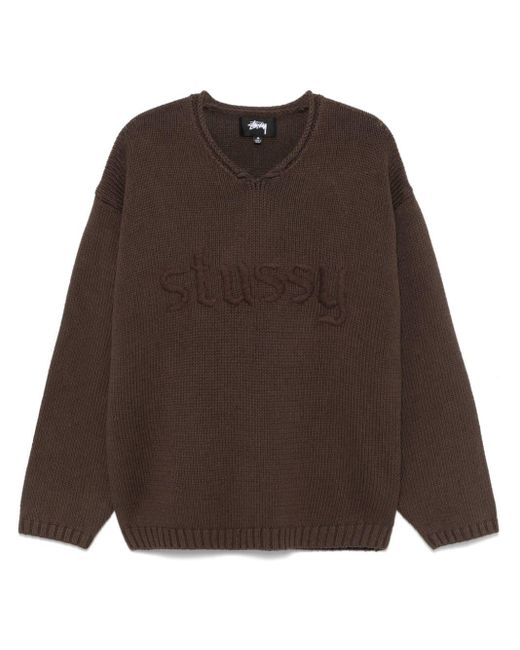 Stussy Brown Linen Blend V-Necked Sweater for men