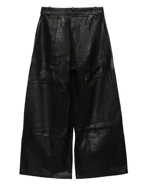 Alysi Black Wide Leg Cropped Leather Trousers