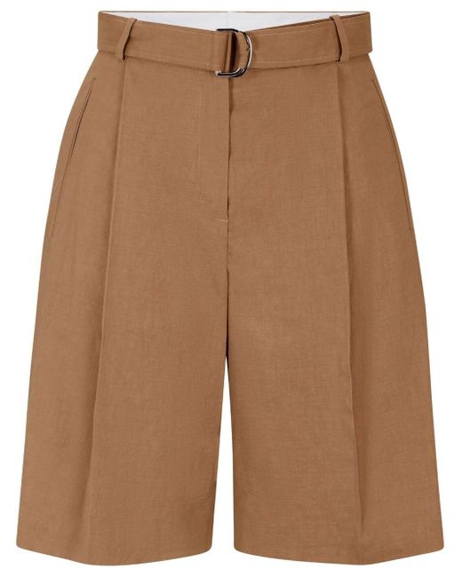 Boss Brown Belted Linen-blend Tailored Shorts