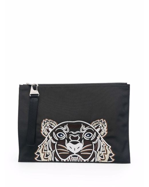 KENZO Black Tiger Embroidery Clutch Bag for men