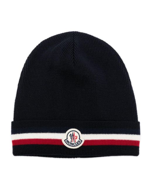 Moncler Blue Tricolour Wool Beanie In Navy for men
