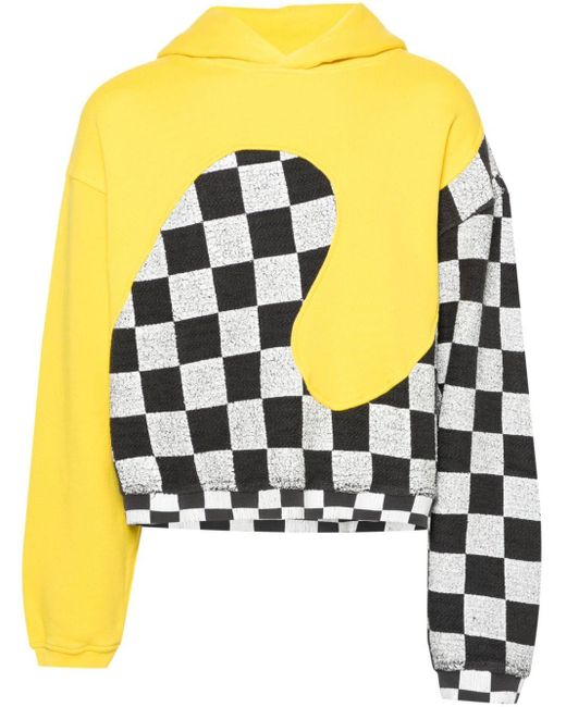 ERL Yellow Check-pattern Panelled Cotton Hoodie for men
