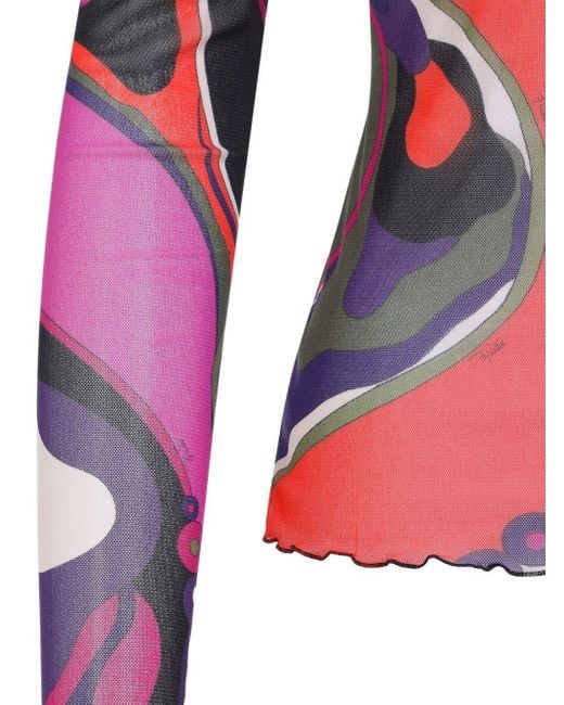 Emilio Pucci Red Abstract-Print Turtleneck Sheer Top