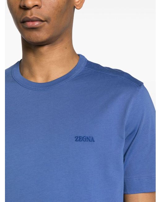 Zegna Blue Logo-embroidered Cotton T-shirt for men