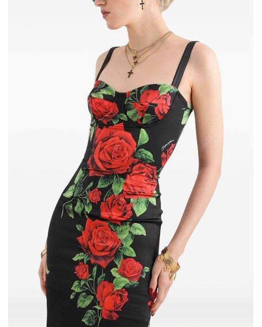Dolce & Gabbana Red Roses Print Silk Midi Dress