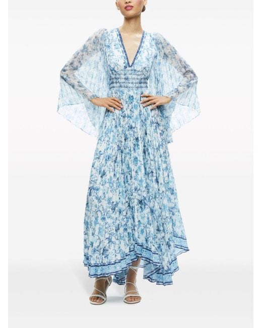 Alice + Olivia Blue Sion Floral Print Pleated Maxi Dress
