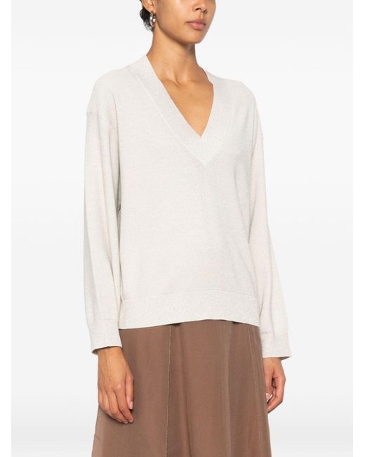 Brunello Cucinelli White Cotton V-Necked Sweater