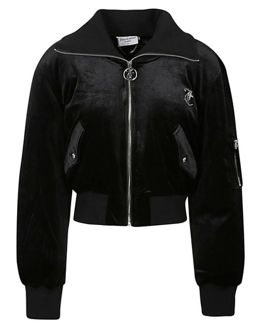 Juicy Couture Black Logo Cropped Velvet Bomber Jacket