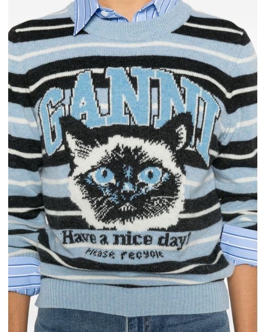 Ganni Blue Wool Crewneck Sweater