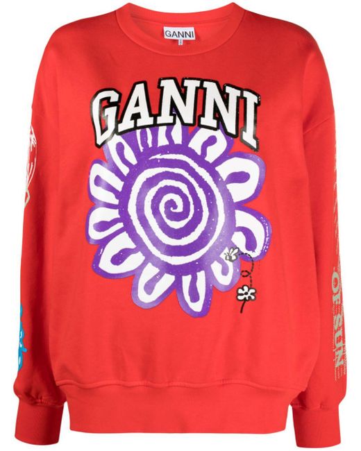 Ganni Red Printed Organic Cotton Sweatshirt