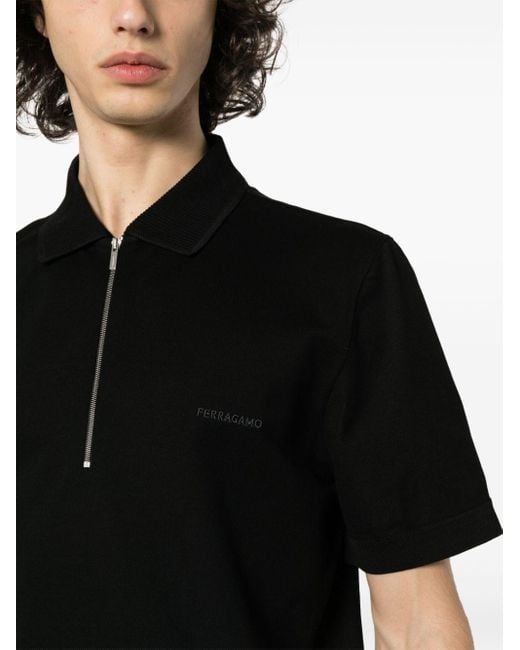 Ferragamo Black Zipped Cotton Polo Shirt for men