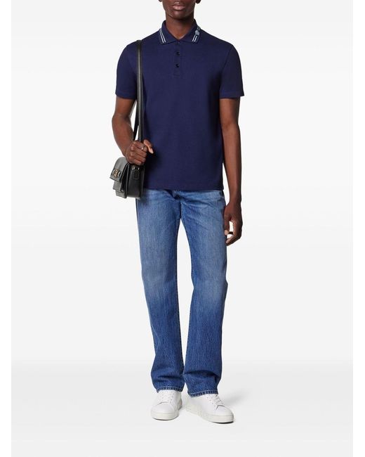 Versace Blue Embroidered Cotton Polo Shirt for men