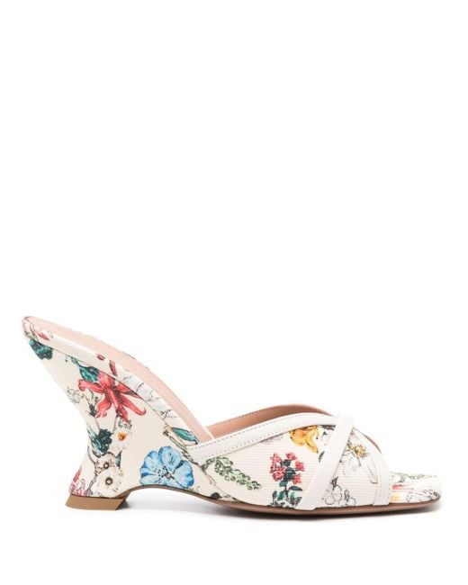 Malone Souliers White Perla Wedge 85 Printed Canvas Mules