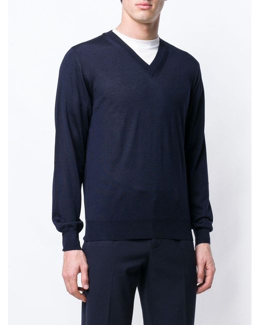 Brioni Blue Wool Cashmere And Silk V-Necked Sweater for men