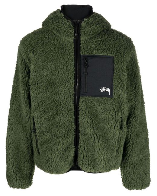 Stussy Green Fleece-texture Hooded Jacket for men