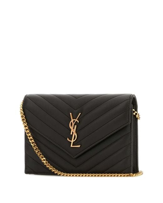 Saint Laurent Black Cassandre Leather Wallet On Chain