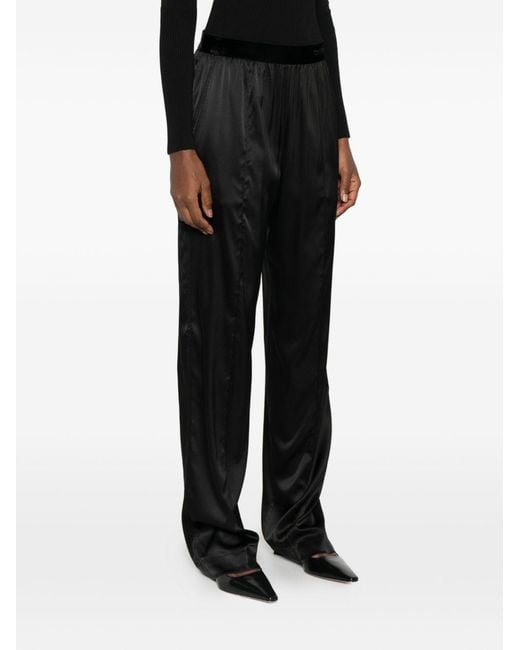 Tom Ford Black Stretch Silk Satin Pajama-Style Trousers With Velvet Waistband And Embroidered Logo