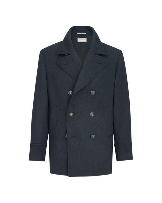 Brunello Cucinelli Blue Wool Caban Coat for men