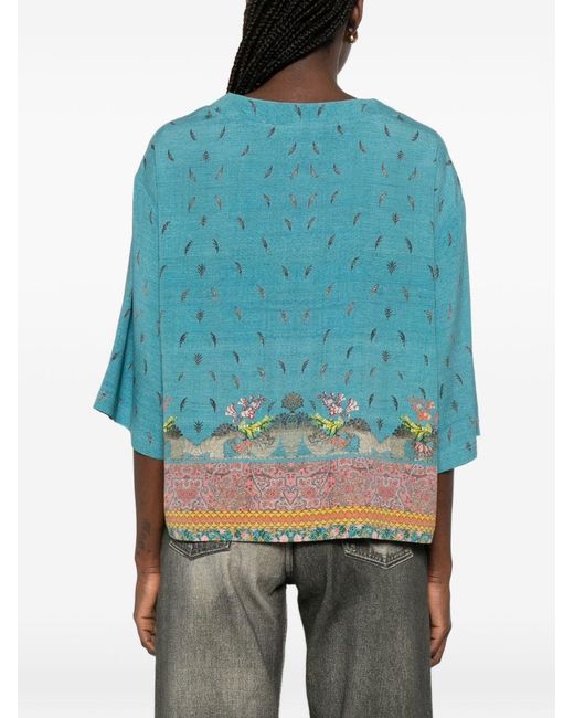 Pierre Louis Mascia Blue Printed Silk Blouse