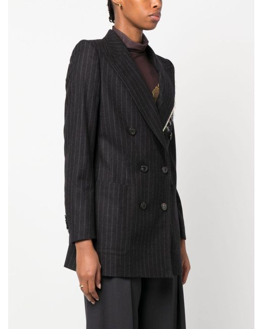 Dries Van Noten Black Double-Breasted Pinstripe Wool Jacket
