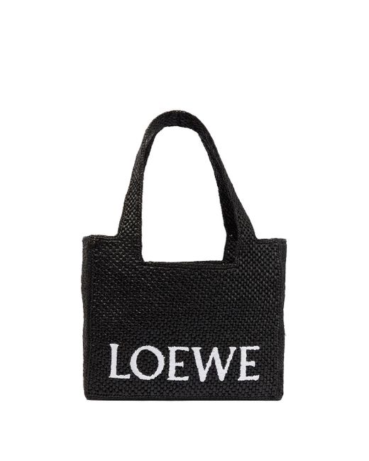 Loewe-Paulas Ibiza Black Loewe Font Small Raffia Tote Bag