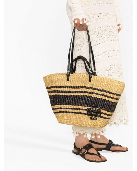 Tory Burch Ella Striped Straw Basket Tote in Black Lyst
