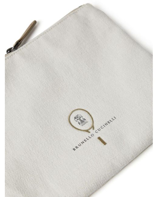 Brunello Cucinelli Gray Embroidered Tweed Wash Bag