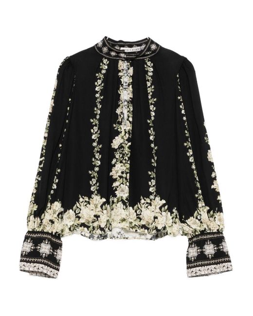 Alice + Olivia Black Marion Floral-Print Satin Blouse