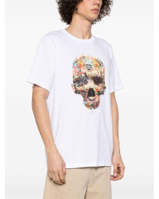 PS by Paul Smith White Skull Sticker Organic-cotton T-shirt for men