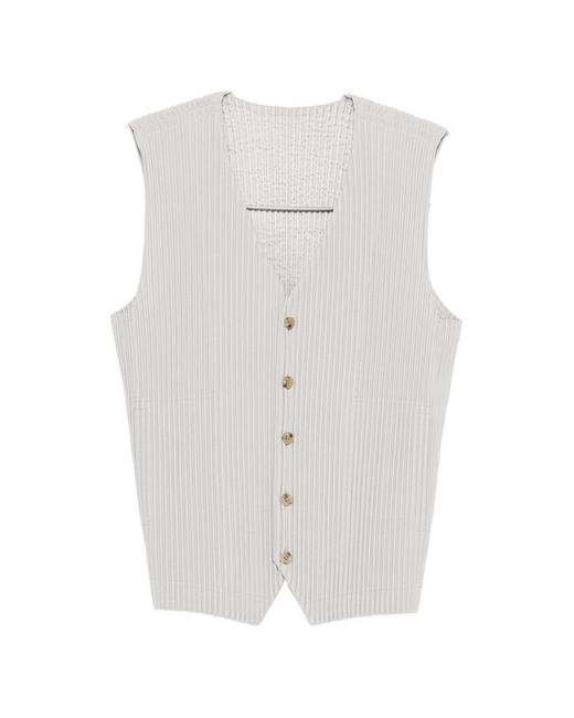 Homme Plissé Issey Miyake White Pleated V-Necked Vest for men