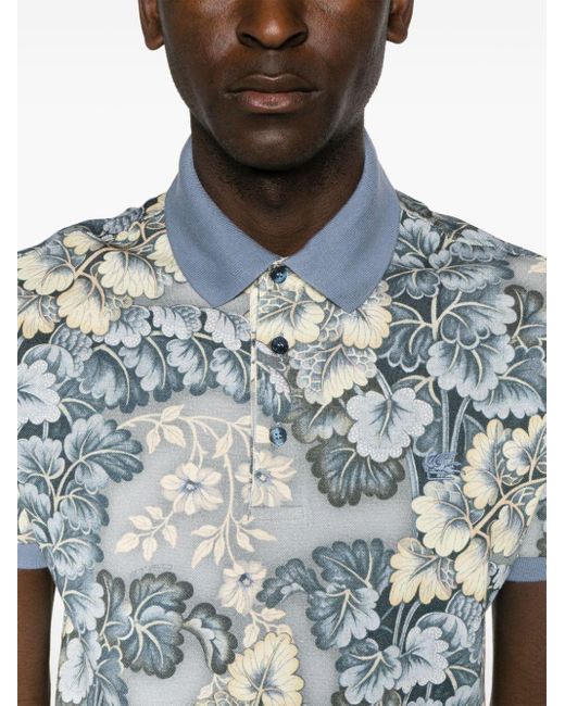 Etro Blue Pegaso-embroidered Botanical-print Polo Shirt for men